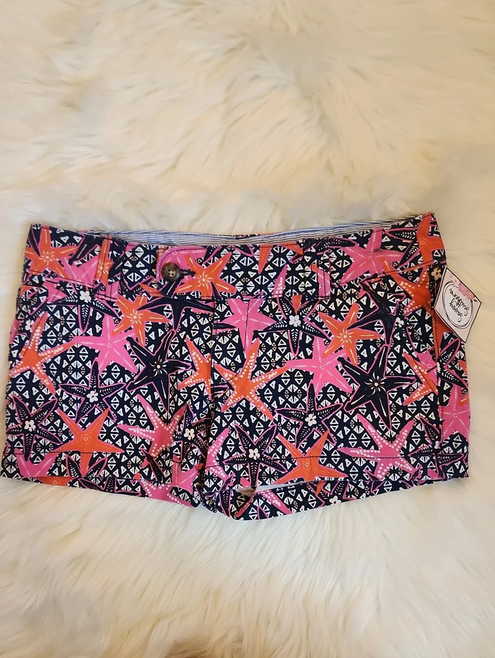 Juniors Shorts - Printed Starfish Shorts - Navy, Pink & Orange